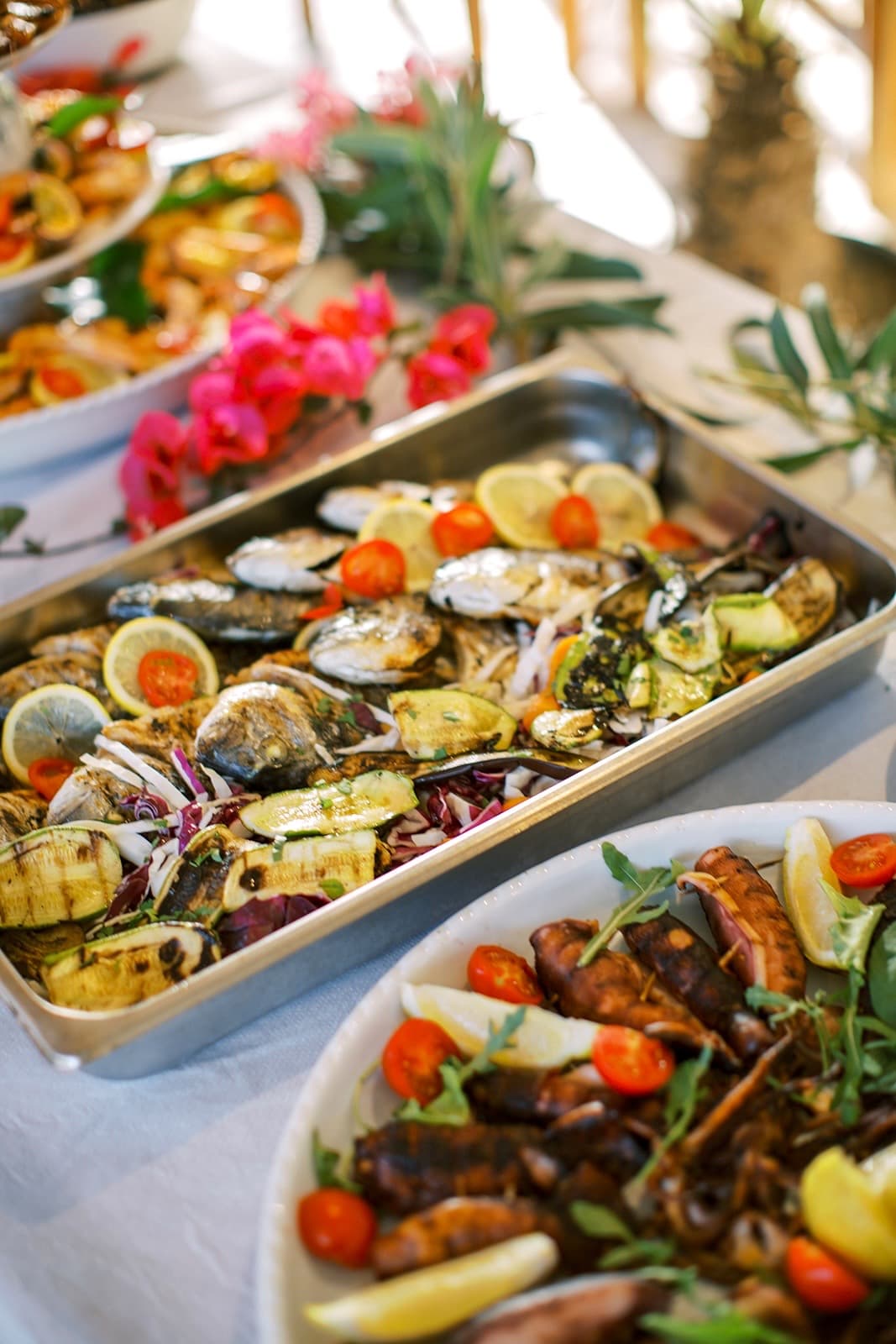 Shared seafood platter served with Vuno olive oil